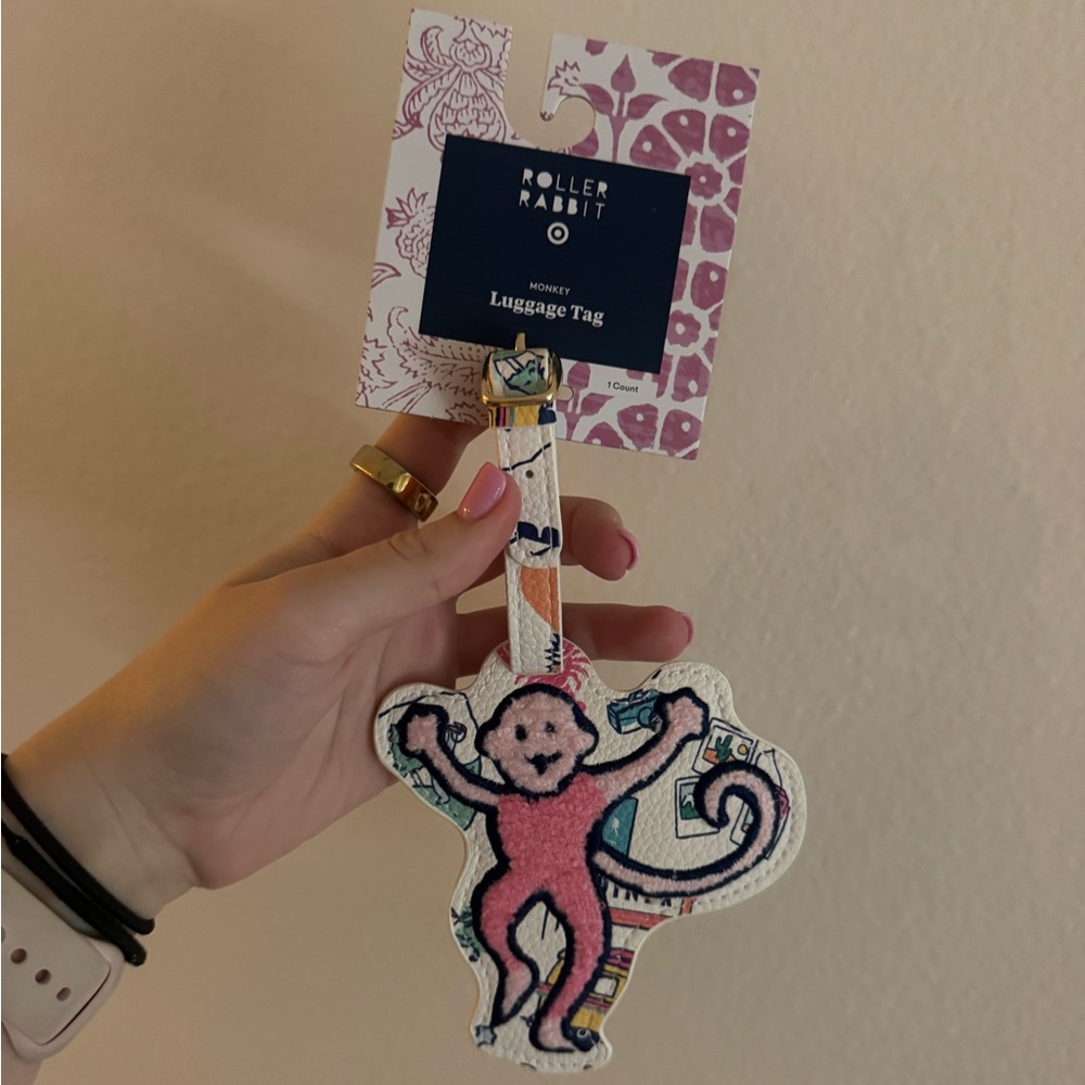 Roller Rabbit Pink Monkey Luggage Tag with Gold Hardware